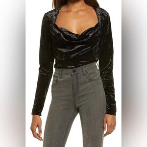 FREE PEOPLE Perfect Date Top Taupe Black Velvet Long Sleeve Blouse Size Small